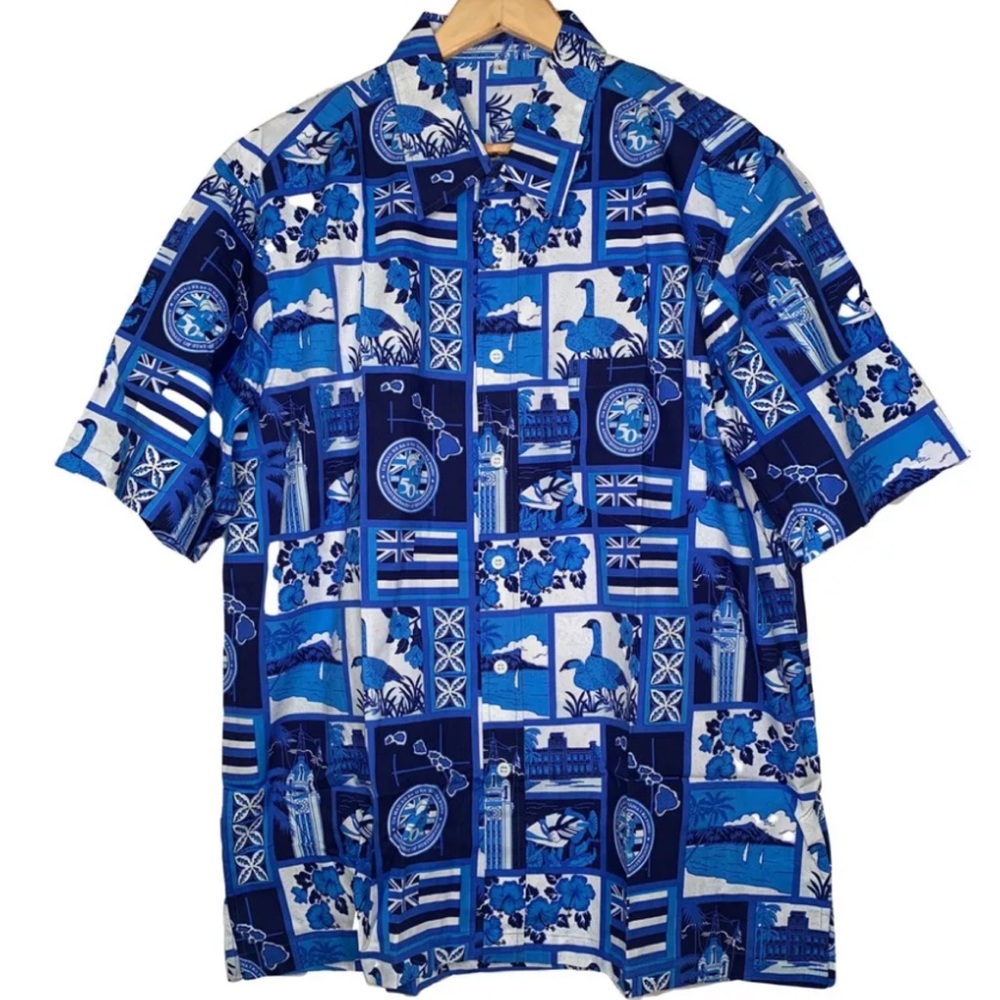 RARE 50th Anniversary Statehood Hawaii Hawaiian Shirt Small L Blue Casual Button